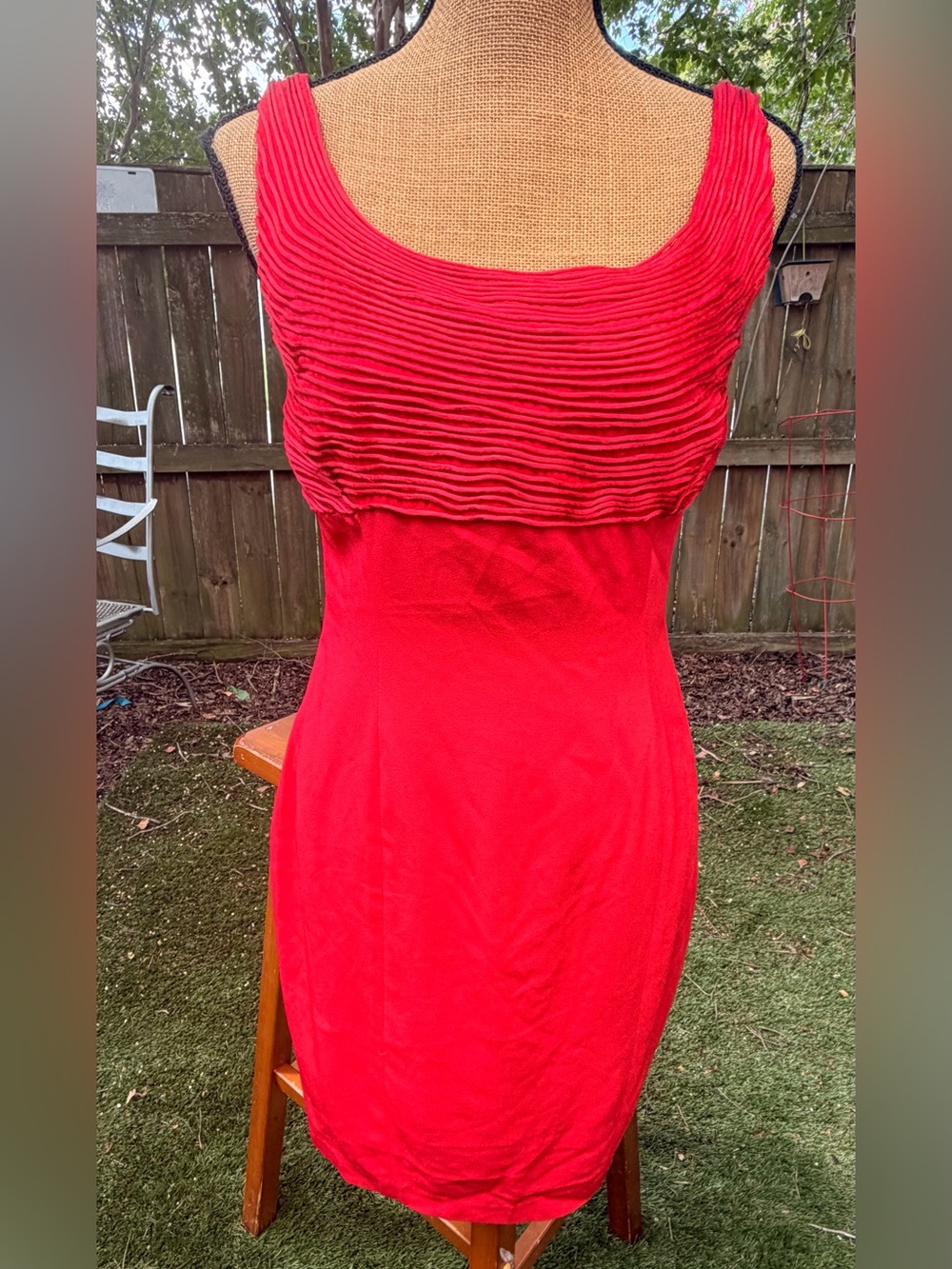 Vintage 90s Carmen Marc Valvo Red Cocktail Dress Pintuck Wiggle Sheath